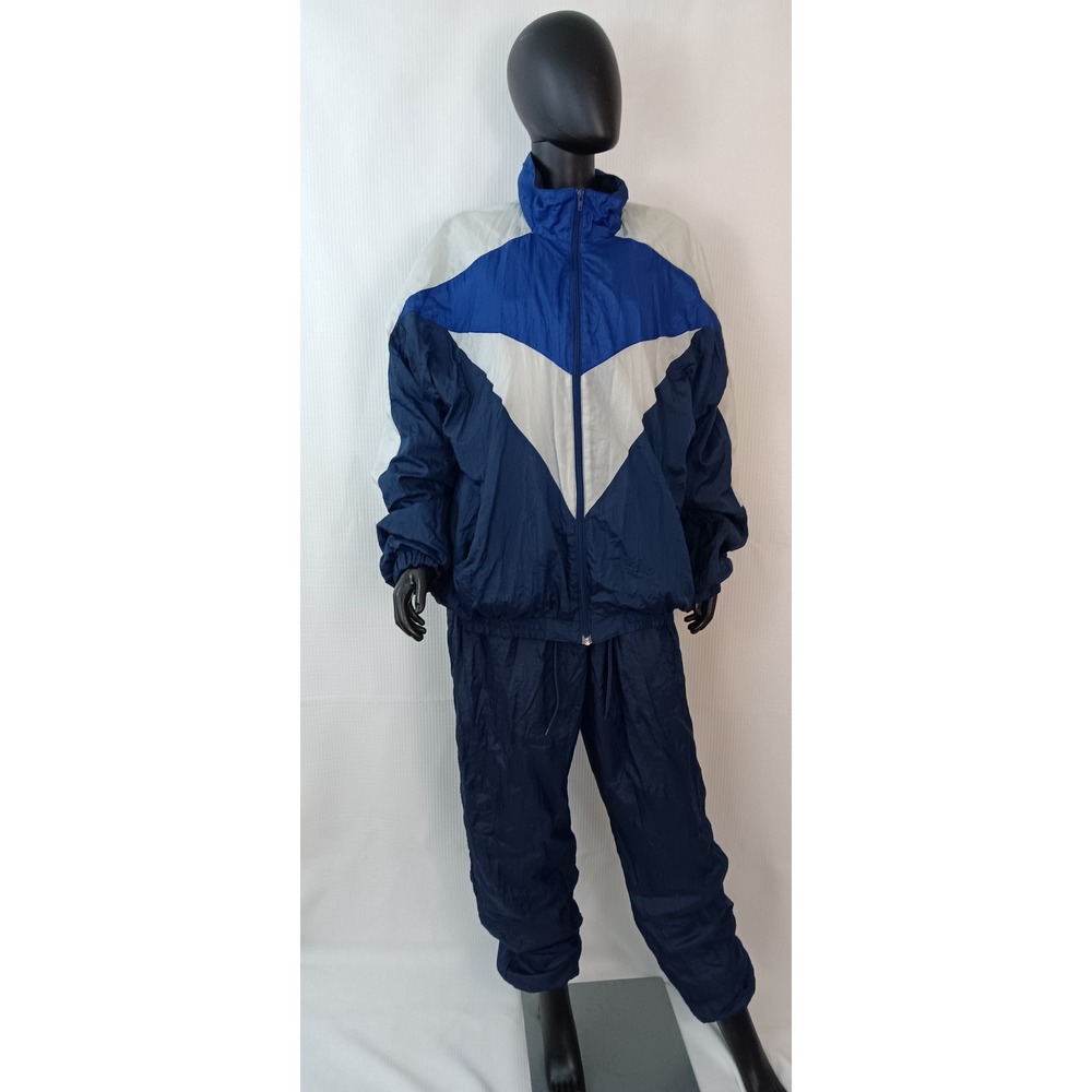 Vintage Nucleus Nylon Track Suit Navy Blue White Colorblock Windbreaker Set L